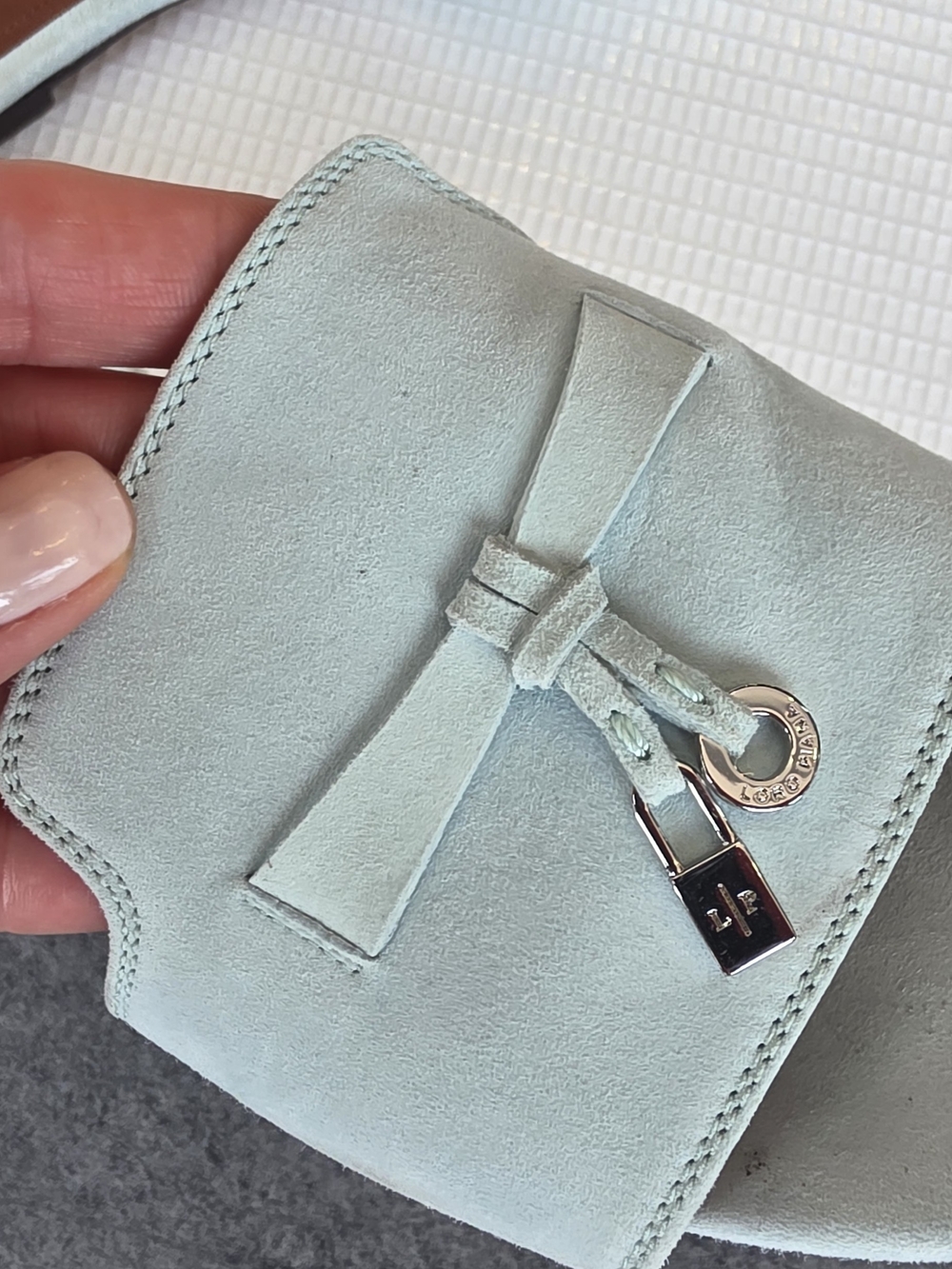 Loro Piana Pale Mint Suede Bow Slide Sandals